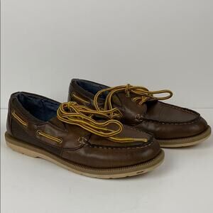 Tommy Hilfiger Boys Greg Boat  Brown Shoes Yellow Laces Size 2